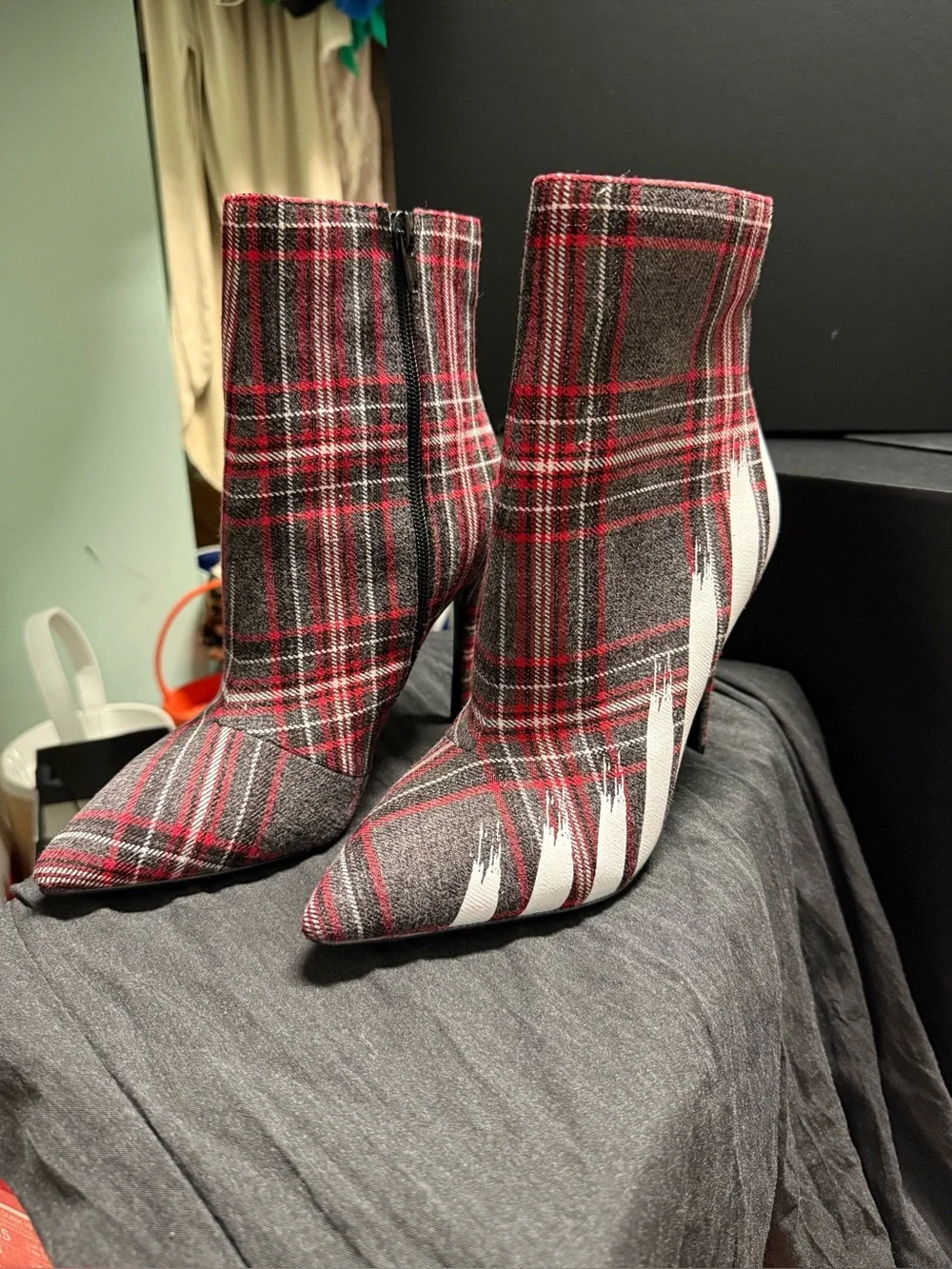 Aldo Red and Gray Plaid Pointed-Toe Ankle Boot with White Brushstroke